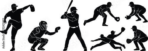 Photography Baseball player silhouettes vector set featuring pitcher batter catcher and fiel