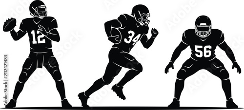 American football player silhouettes set featuring quarterback running back and defender positions