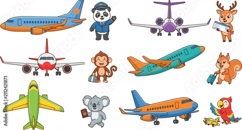 Canvas Print Cute cartoon animals traveling with commercial airplanes aviation vector illustr
