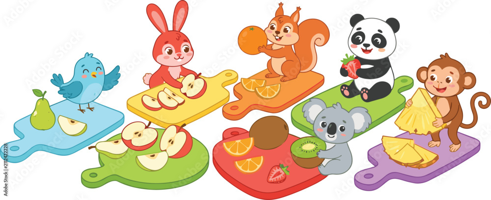 Obraz premium Cute cartoon animals slicing fresh colorful fruits on chopping boards vector illustration isolated on white background