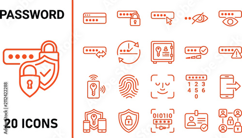 Comprehensive collection of twenty modern password and digital security line icons for website interface design and cybersecurity applications.