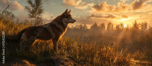 Majestic Wolf Standing in Golden Sunset Field