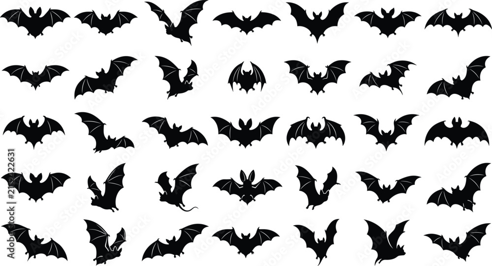 Fototapeta premium Halloween Bat Silhouette Collection with Flying Bat Vector Set for Spooky Design Projects