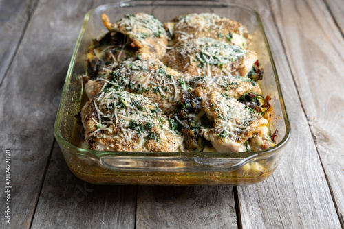Bacon Spinach and Gouda Stuffed Chicken Breasts in Glass Baking Dish