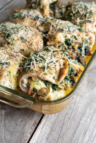 Bacon Spinach and Gouda Stuffed Chicken Breasts in Glass Baking Dish