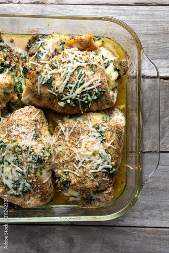 Bacon Spinach and Gouda Stuffed Chicken Breasts in Glass Baking Dish