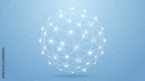 Global digital connectivity network sphere with interconnected communication icons on soft blue gradient background
