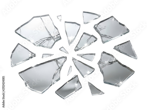 Exploding shards of broken glass isolated on transparent background. Great for dynamic visual effects.