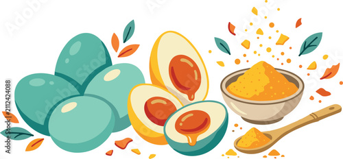 Salted Duck Egg Concept Vector Set Featuring Teal Whole Eggs Halved Eggs with Oily Yolks and Golden Salted Egg Powder for Asian Food Branding