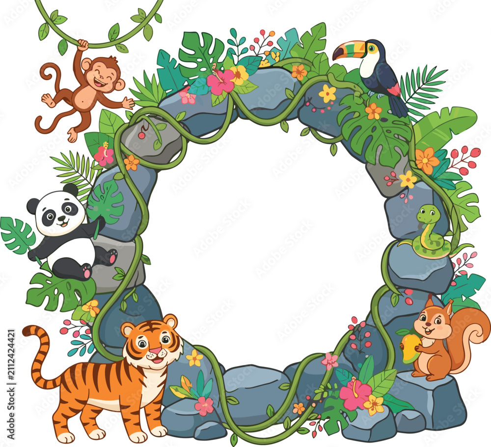 Fototapeta premium Cute jungle animals cartoon stone round frame vector illustration with tiger monkey panda isolated on white