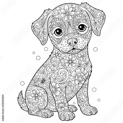 Cute Floral Puppy Coloring Page – Adorable Decorative Dog Line Art Illustration for Kids and Adult Colorists
