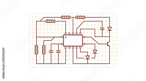 Electronic Circuit Diagram with Integrated Circuit, Resistors, Capacitors, Diodes, Transistor