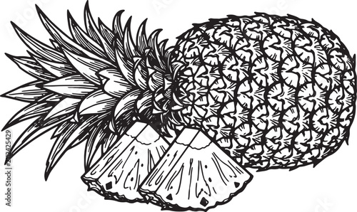 Pineapple Line Art Illustration with Slices – Black and White Tropical Fruit Coloring Page