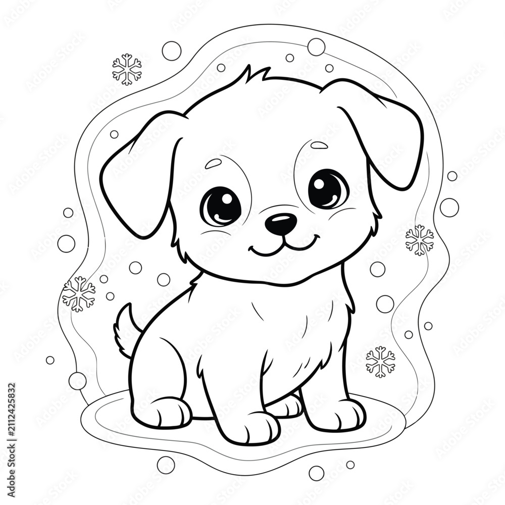Fototapeta premium Cute Winter Puppy Coloring Page – Adorable Cartoon Dog Line Art with Snowflakes – Kawaii Pet Illustration for Kids Activities and Printable Coloring Books 