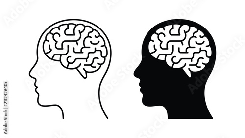 Neural awareness icon with human head profile illustrating cognitive processing brain activity perception and intelligence in line and solid styles