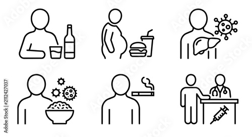 Unhealthy habits, liver disease risk factors, alcohol, obesity, virus infection, smoking and doctor consultation icon set vector.