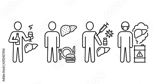 Bild auf Leinwand Liver disease causes, alcohol, unhealthy diet, viral hepatitis vaccination and chemical toxicity risk icon set vector illustration