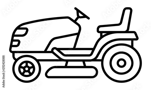Minimalist line art icon of a modern ride-on lawn mower in side profile view with clean black outlines, isolated on white. Gardening and landscaping concept