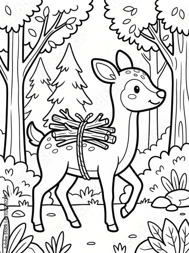 Coloring page, gentle deer carrying a bundle of firewood.