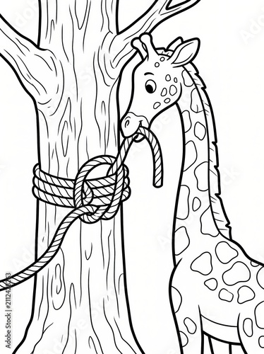 Coloring page, tall giraffe tying a rope knot around a tree.