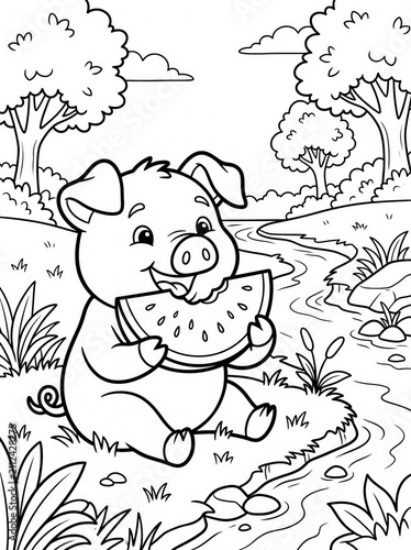 Coloring page, happy pig eating a slice of watermelon.