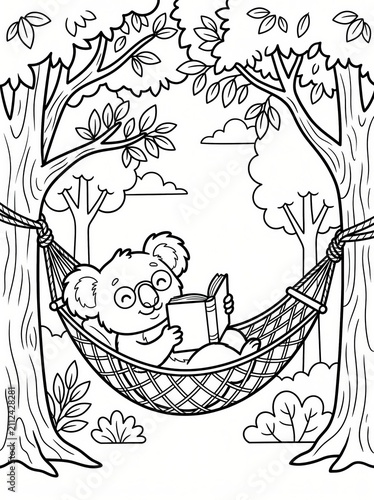 Coloring page, relaxed koala reading a book in a hammock.