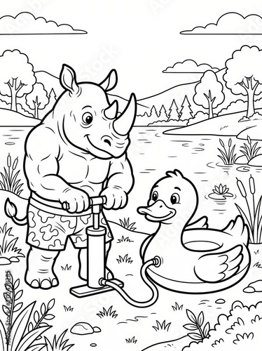 Coloring page, playful rhino making shadow puppets in a tent.