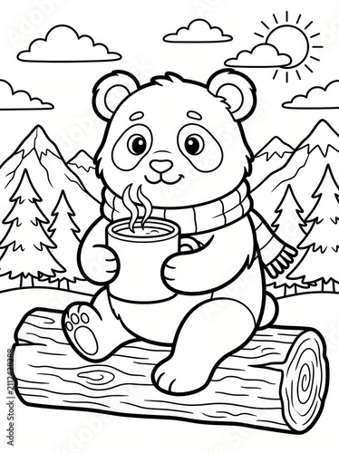 Coloring page, cute panda holding a mug of hot cocoa.