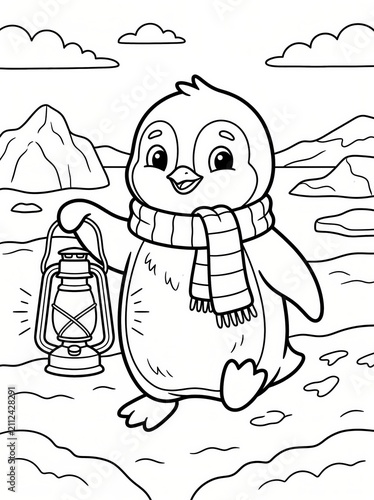 Coloring page, cute penguin holding a vintage oil lantern on a polar ice cap.