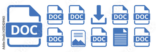Set of blue representing doc file formats, document downloads, and generic file symbols