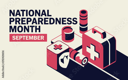 Vector illustration of national preparedness month featuring emergency medical kit and supplies