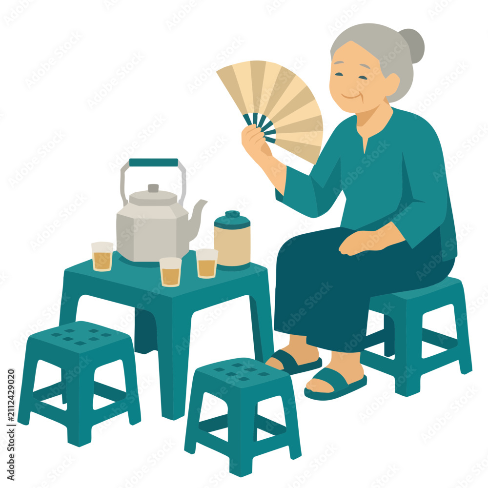 Fototapeta premium Relaxing Asian Grandma Tea Time Flat Vector Illustration