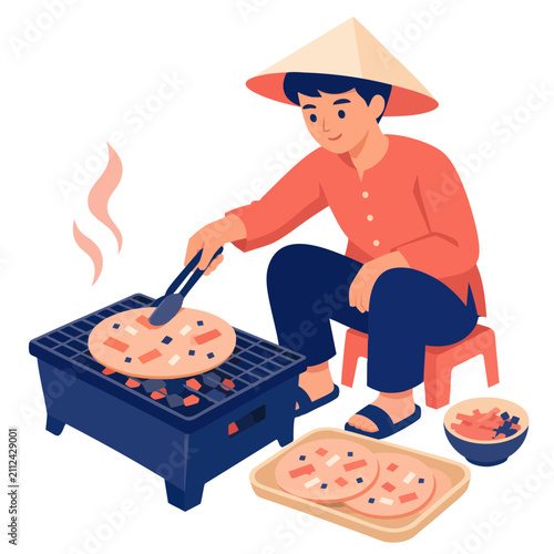 Vietnamese Street Food Grilling Flat Vector Illustration of Man with Nón Lá