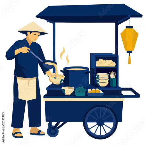 Flat Design Vector Asian Noodle Street Food Vendor Illustration