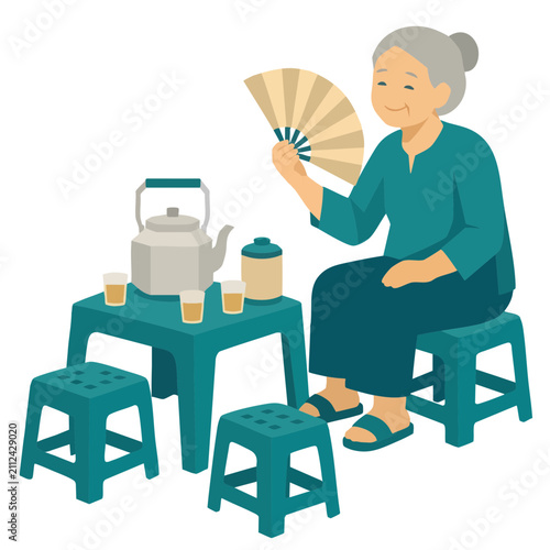 Relaxing Asian Grandma Tea Time Flat Vector Illustration