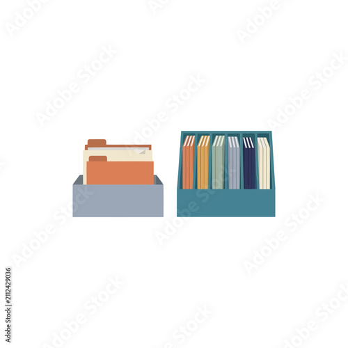 Office organization set featuring a grey tray with hanging file folders and a blue organizer box filled with various colorful document files