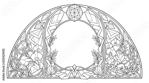 Foto Art Nouveau semi-circle frame with floral line art, vintage stained glass window