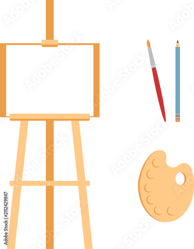 Set of basic artists tools. Painting tools set. Easel, palette, brush and pencil. Isolated vector illustration. Transparent background.