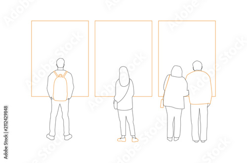 People of different ages visiting art exhibition. Outline vector illustration. White background