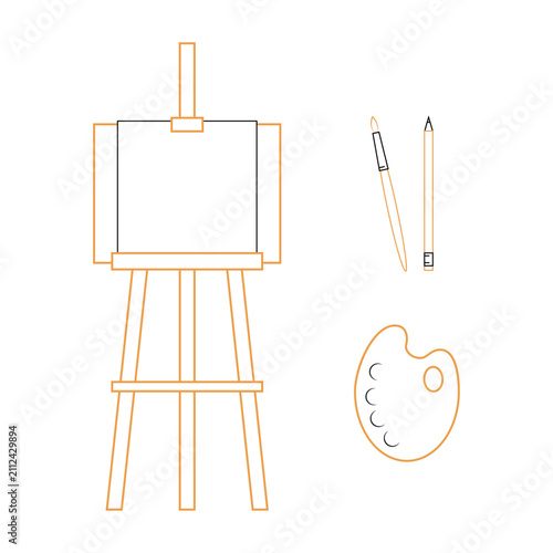 Tools for painting. Easel, palette, brush and pencil. Outline vector illustration. White background