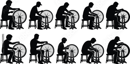 Black silhouettes of mechanic fixing bicycle wheels in shop