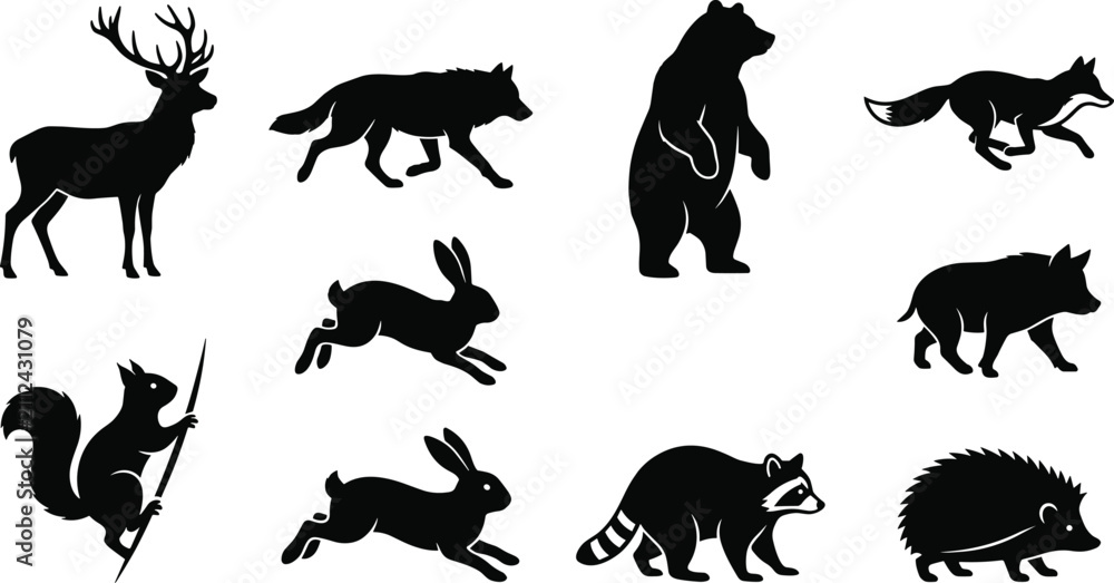 Fototapeta premium Forest Animals Collection Pitch Black Solid Silhouette Vector CAD Drawing Flat Vector Illustration