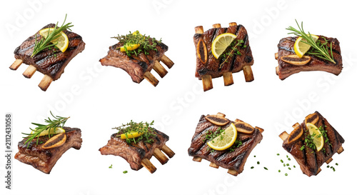 grilled short ribs arranged on white garnished with lemon rosemary  thyme for culinary display
