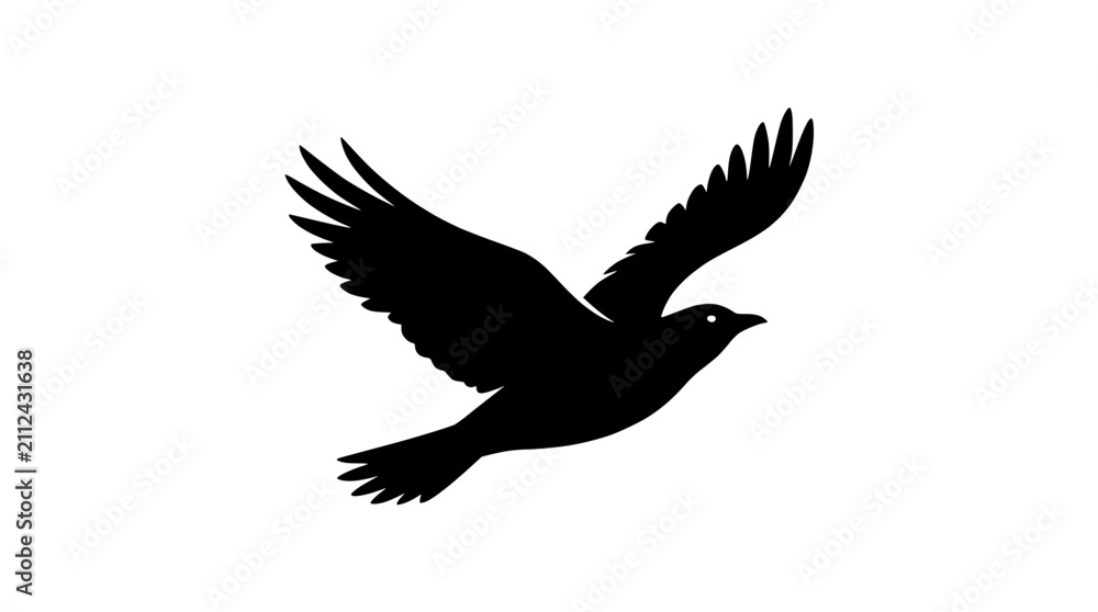 Fototapeta premium Silhouette of a bird in flight, wings spread wide, isolated on white background.