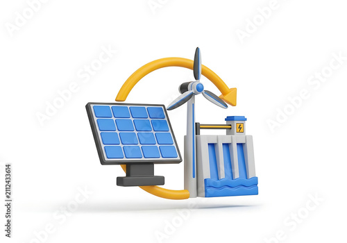 3d renewable energy concept featuring solar panel wind turbine and hydroelectric dam power sources