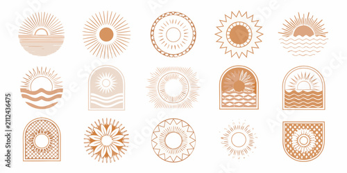 Sun And Wave Line Art Icons In Terracotta Tones