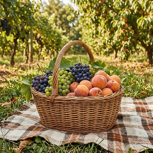 Basket of fresh seasonal fruits on wooden table outdoors.