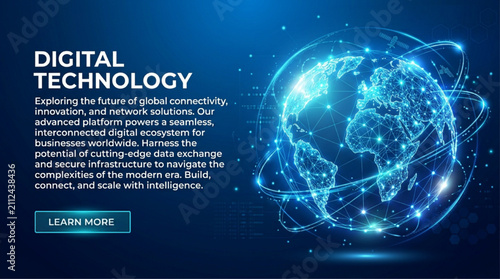 Fotografie Digital Technology Web Banner with Glowing Planet Earth Network Infrastructure