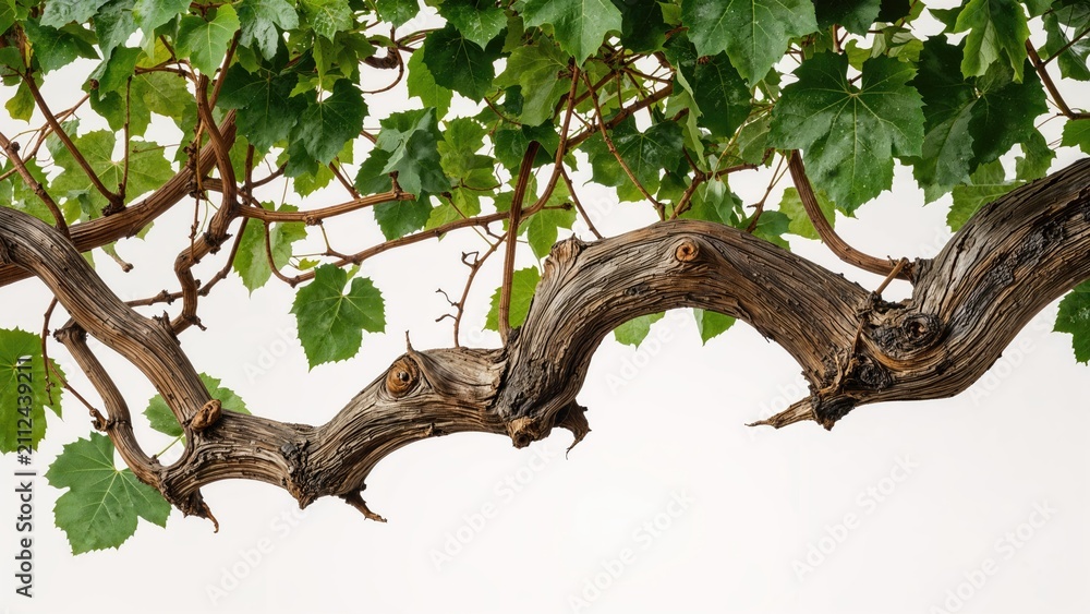 Fototapeta premium A gnarled vine branch with green leaves extending across the image on a plain background.