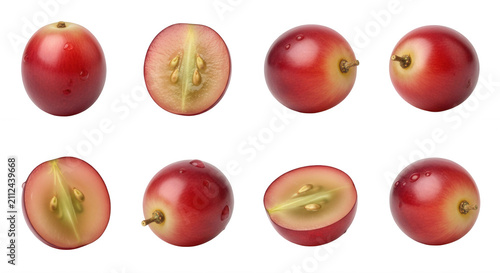 red grapes cut open seeds isolated on white background food photography or healthy eating content